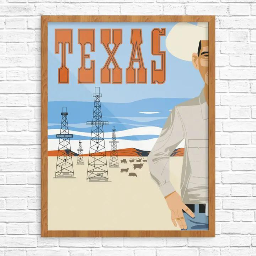 Texas Rancher Oil Rigs & Cattle Black Framed Print
