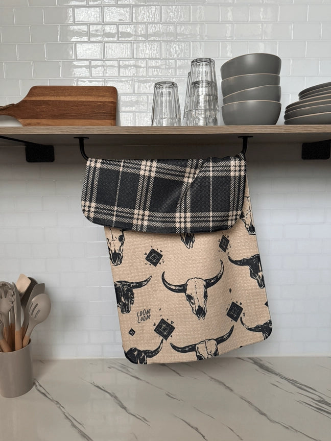 Bull Skull Plaid Reversible Tea Towel