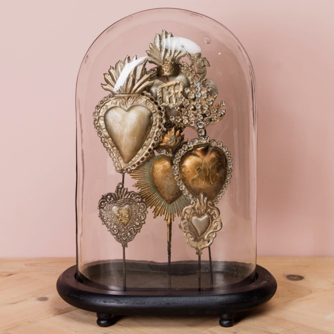 Glass Oval Dome with Ex Voto Hearts