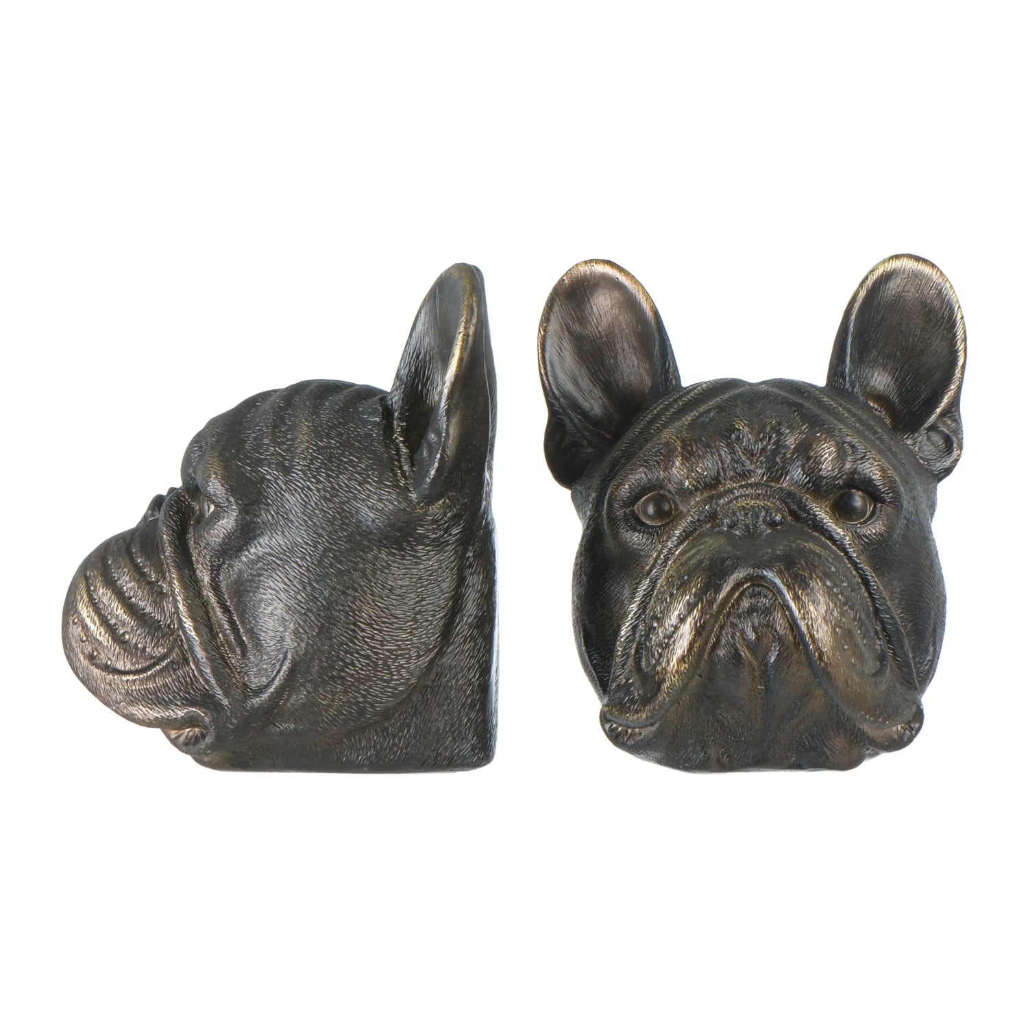 French Bulldog Head Bookends with Antique Finish, Set of 2