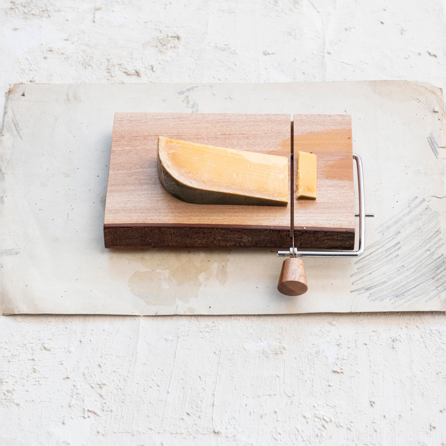 Mahogany Wood Cheese Slicer w/ Bark Edge