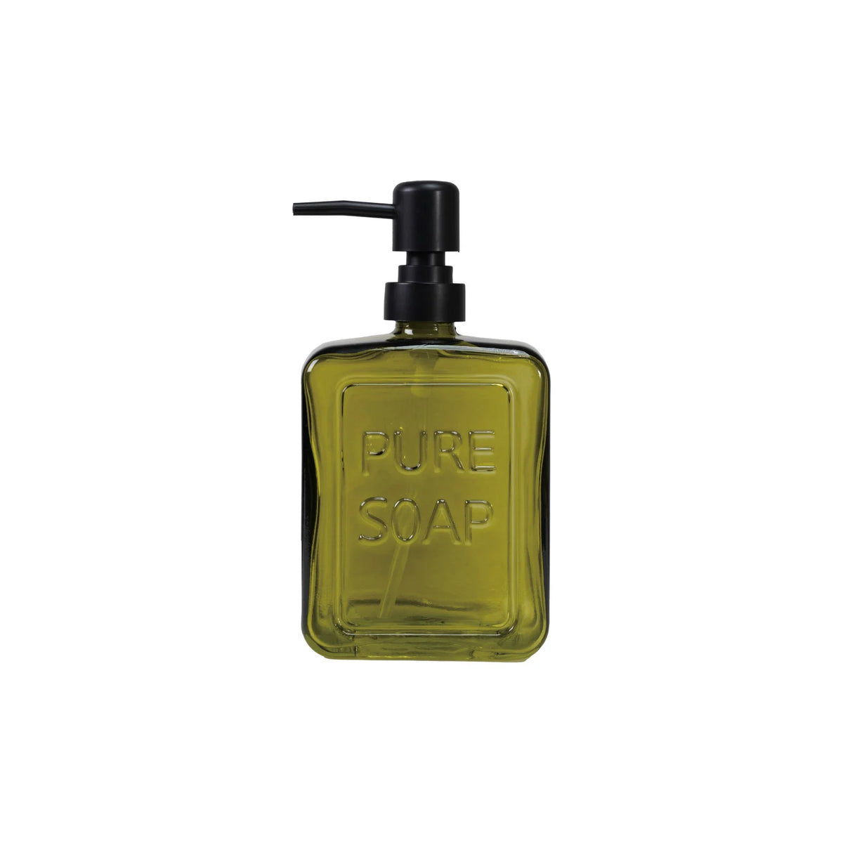 Pressed Glass Soap Dispenser w/ Pump "PURE SOAP", Olive