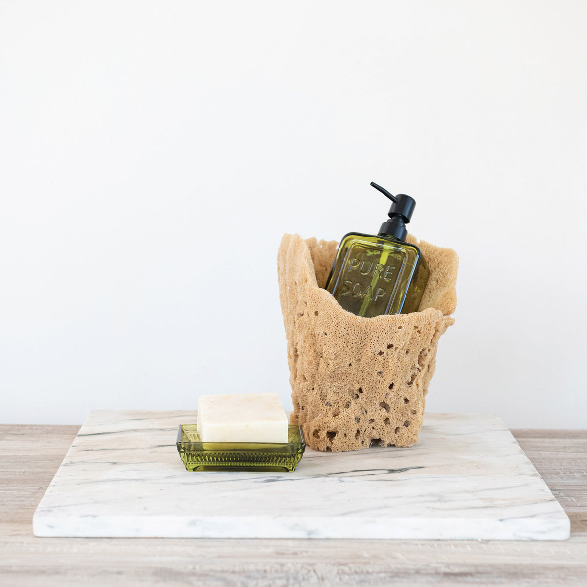 Pressed Glass Soap Dispenser w/ Pump "PURE SOAP", Olive