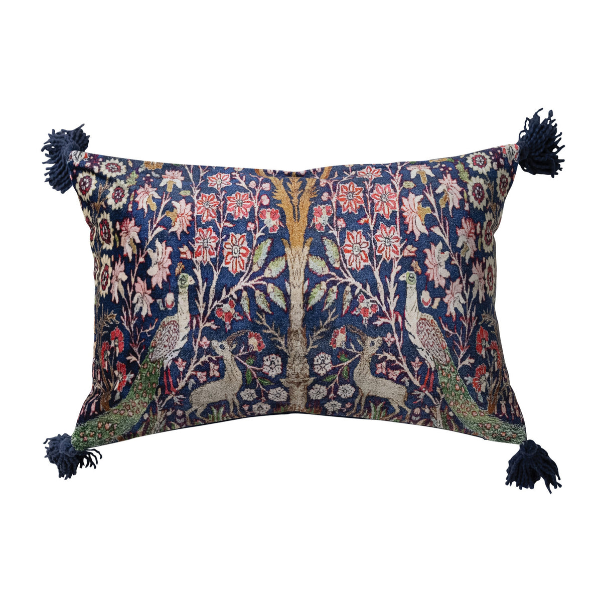 Cotton Velvet Lumbar Pillow w/ Woodland Pattern & Tassels
