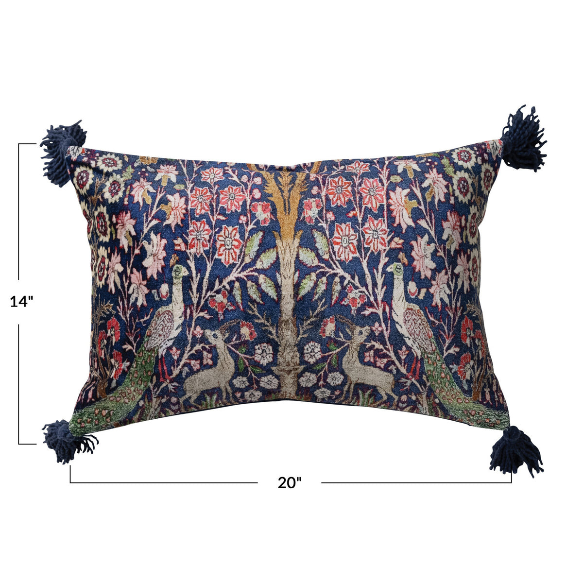 Cotton Velvet Lumbar Pillow w/ Woodland Pattern & Tassels