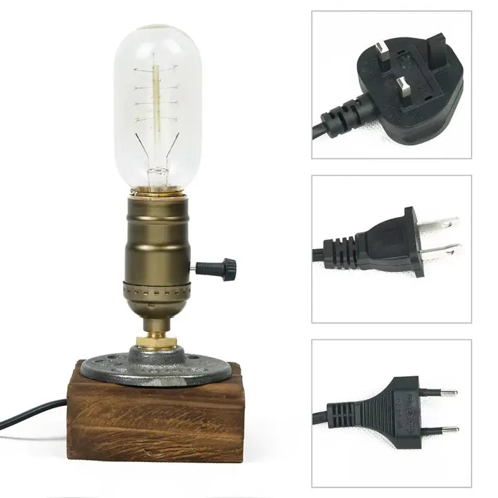 Industrial LED Table Lamp with Wood Base