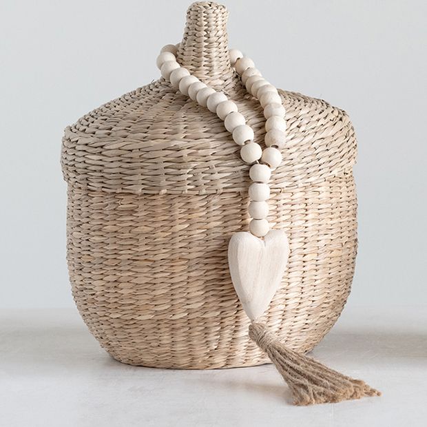 Wood Beads w/ Heart & Jute Tassel